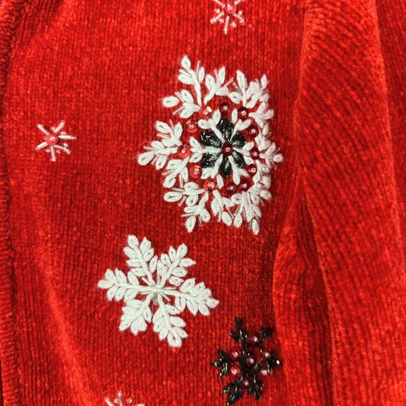 Vintage Chenille Christmas Sweater, Red Cardigan, Embroidered Festive Holiday - Picture 3 of 7